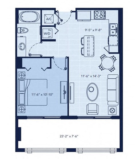 Floor plan for 1 bed, 1 bath, 622 sqft